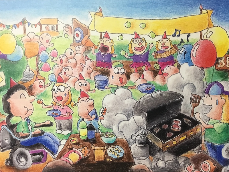 Paul's pastel painting, created with a mouth stick, depicts the Rancho Pediatric Carnival.